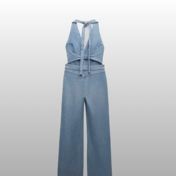 ZARA DENIM TRF HALTER-NECK JUMPSUIT BLUE SIZE S | 7227/080 - Picture 11 of 16